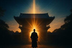 夜明けの功山寺に立つ志士の背中と、AIを象徴する光が交差する夜明けのシーン