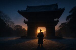 夜明け前の功山寺に立つ高杉晋作を象徴する志士と、天を照らす朝日の光