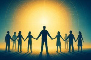 徳ある資本を象徴する、円形の光の中で手を取り合う人々と富の循環