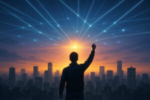 AIの光が交差する夜明けの都市で、志を掲げる人物のシルエット