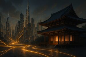 徳ある資本を象徴する金色のラインが走る近未来都市と日本建築が調和するイメージ