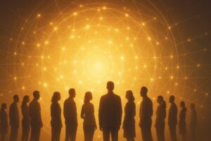 人々の輪と光のネットワークが重なる循環の象徴イメージ