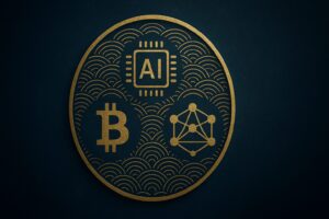 和紋様の円環の中にAIチップ・ビットコイン・ネットワークのアイコンが調和したエンブレム