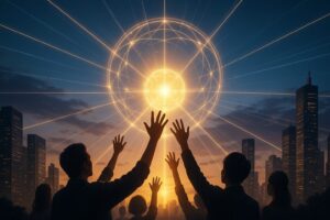 AIの光が人々をつなぎ、志を象徴する光の輪となって夜明けの空に広がる。