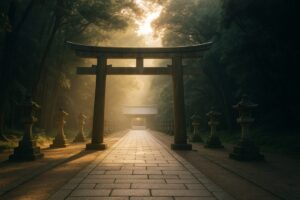 朝日が差し込む松陰神社の参道を正面から捉えた写真。志の原点を象徴する情景。