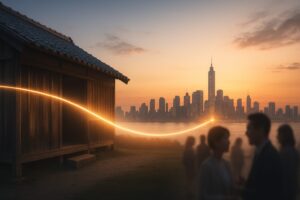 松下村塾と現代都市を光で結ぶ風景。志と経済の融合、徳ある資本の象徴。