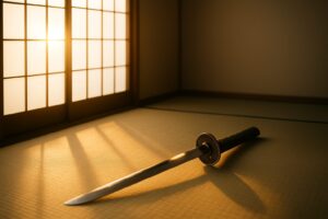 朝日の光が畳の部屋に差し込む和室で、刀の鍔が長い影を落とす静謐な空間。武士道精神と心の姿勢、徳ある資本の思想を象徴する落ち着いた和のイメージ