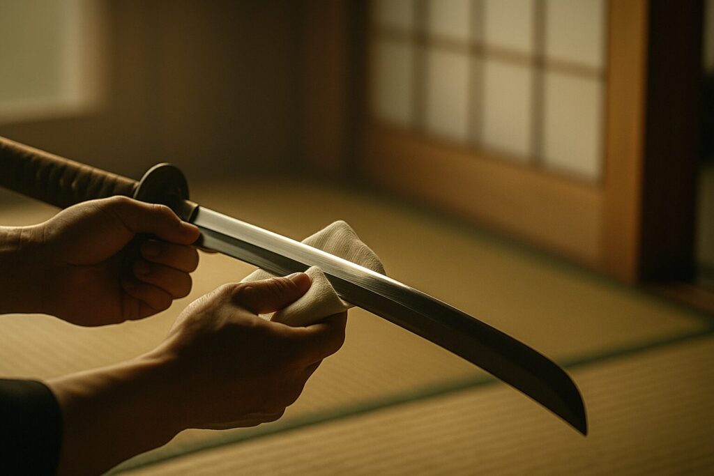 朝の光の中で刀を静かに拭う手元のアップ。刀身の反射が“心の純度”と武士の美意識を象徴し、ぼかした和室の背景が静謐さと凛とした空気を伝えるイメージ