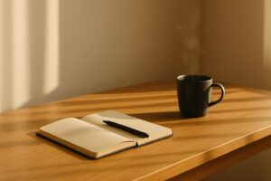 朝の光が差し込むミニマルなデスクに、整えられたノートと湯気の立つお茶が置かれ、長い影が静かな空気をつくり出す“心の整え”を象徴する風景