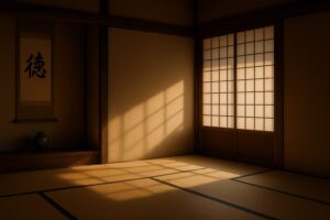 柔らかな光が差し込む書院造りの和室で、床の間と掛け軸、障子の影が静かに伸びる凛とした空間。“徳”と心の姿勢、精神性を象徴する静謐なイメージ