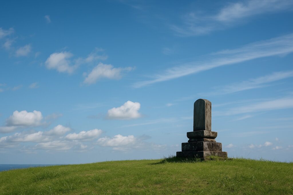 開けた丘と空のワンカット(人物は小さめ)/碑は斜めから一瞬