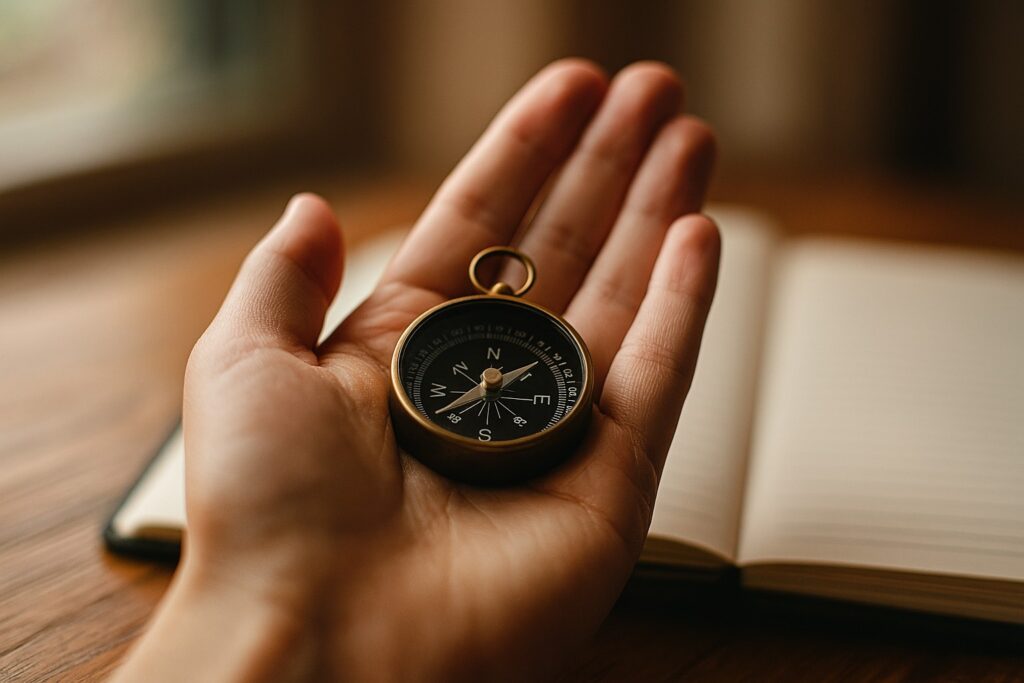 手のひらの小さな羅針盤/遠景に一本の道