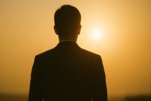 逆光で立つ人物のシルエット。 　顔は見えないが、背筋の通った姿勢が印象的。