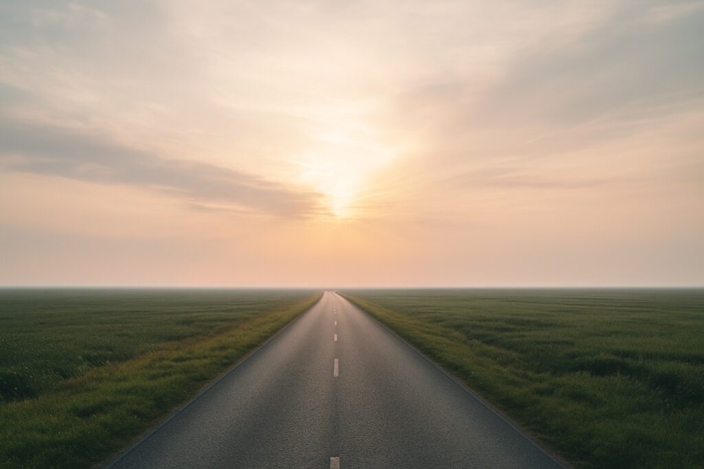 一本の道が水平線までまっすぐ伸びている構図。
空には柔らかい光が差し込む。