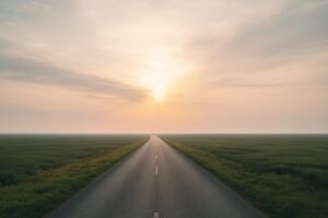 一本の道が水平線までまっすぐ伸びている構図。 　空には柔らかい光が差し込む。