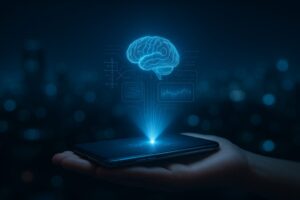 スマートフォンの上に青白いAIホログラムが立ち上がる未来的な光景。個人が世界レベルのAIを扱える時代を象徴する、夜景背景のリアルな16:9イメージ