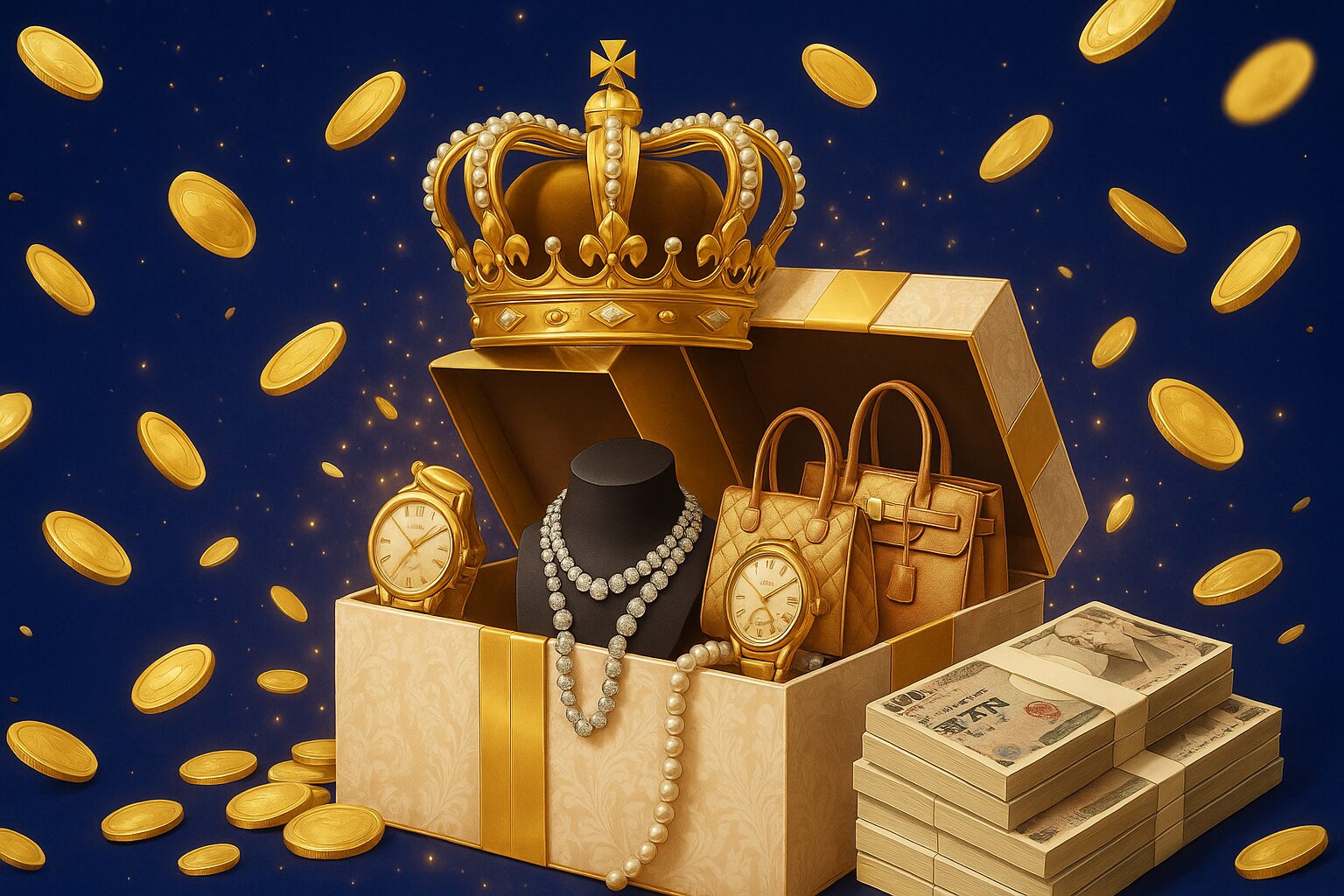 宝箱から王冠や高級時計、宝石、ブランドバッグ、札束があふれ出し、金貨が舞う豪華な財宝イメージのイラスト