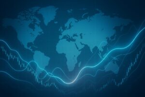 世界地図を背景に、為替チャートや光のラインが重なるマクロ経済と金融市場の動きを示す未来的なビジュアル画像