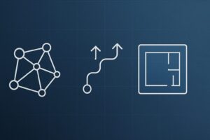 資産形成の3つの価値を象徴する抽象アイコン。ネットワーク構造、ロードマップの矢印、設計図ブループリントを示す3つの白いラインアイコンが並ぶ金融デザインのイメージ