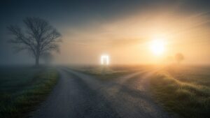 夜明けの空の下で二つに分かれた道が広がり、暗く霧のかかった停滞の道と、黄金色の光が差し込む未来への道を対比したイメージ。選択と行動が未来を変えることを象徴的に示した画像