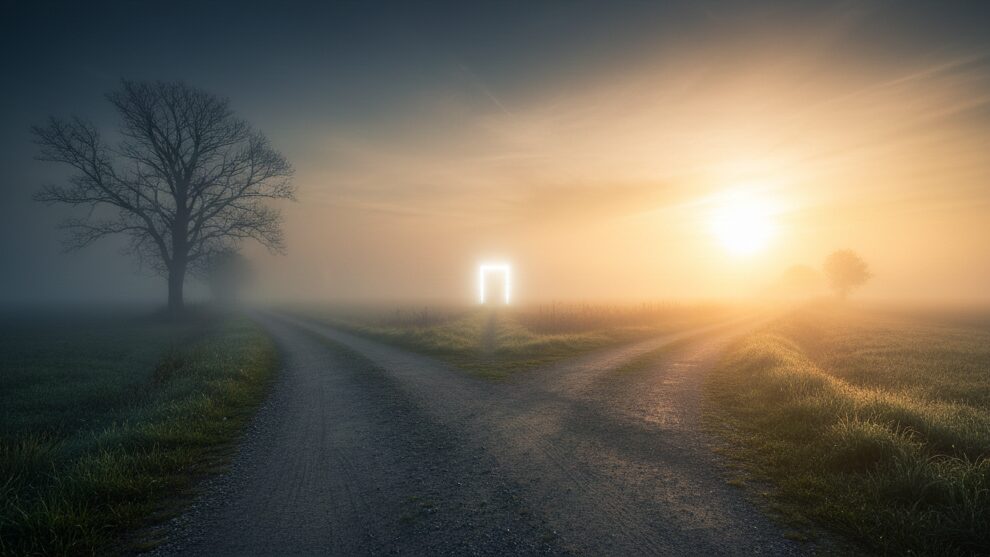 夜明けの空の下で二つに分かれた道が広がり、暗く霧のかかった停滞の道と、黄金色の光が差し込む未来への道を対比したイメージ。選択と行動が未来を変えることを象徴的に示した画像