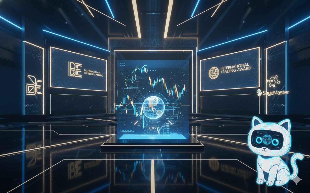 UAEドバイで開催されたInternational Business Excellence AwardとInternational Trading Awardで、AIトレード企業BEとSageMasterが中東トップ企業と並んでダブル受賞したことを象徴する、国際アワード会場とSageMasterマスコットを組み合わせた未来的なアイキャッチ画像