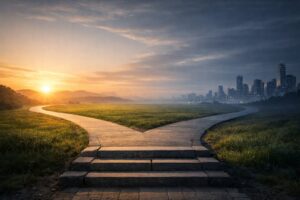 alt="積立NISAの限界と次の一手を考える資産形成の分岐点を象徴した横長イメージ。自然と都市へ分かれる二つの道"