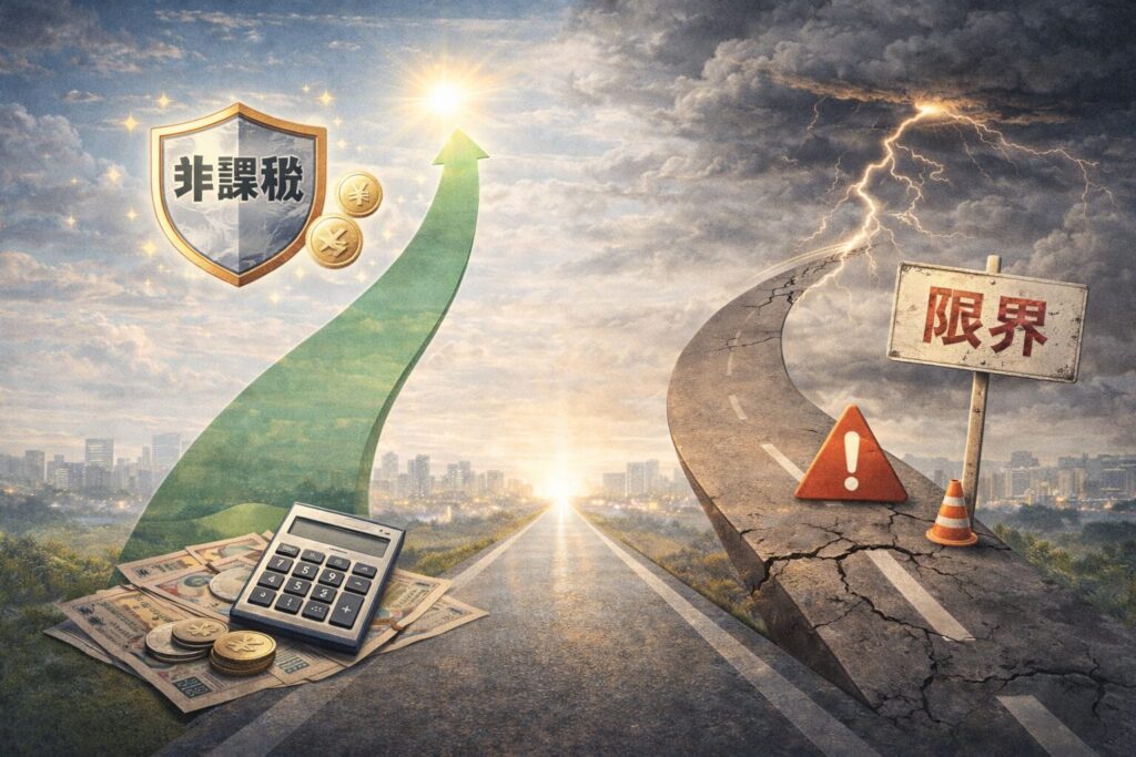 積立NISAのメリットと限界を対比的に表した資産形成のイメージ画像