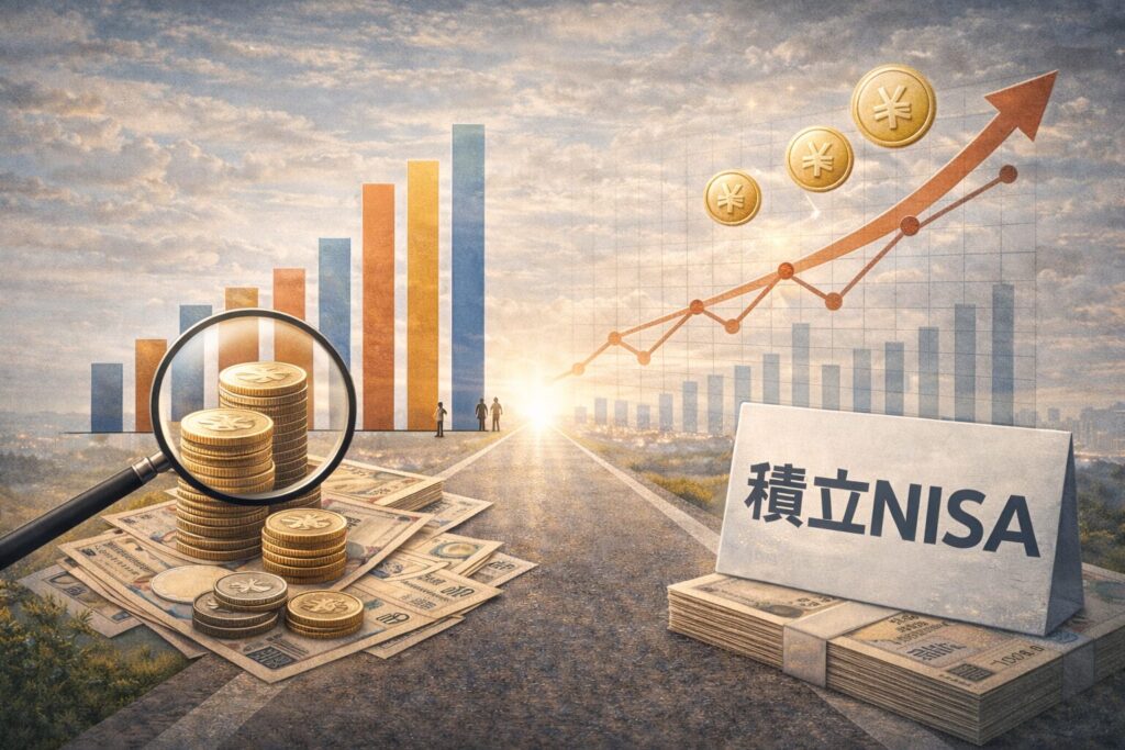 積立NISAの積立額と運用結果を数字とグラフのイメージで示したビジュアル