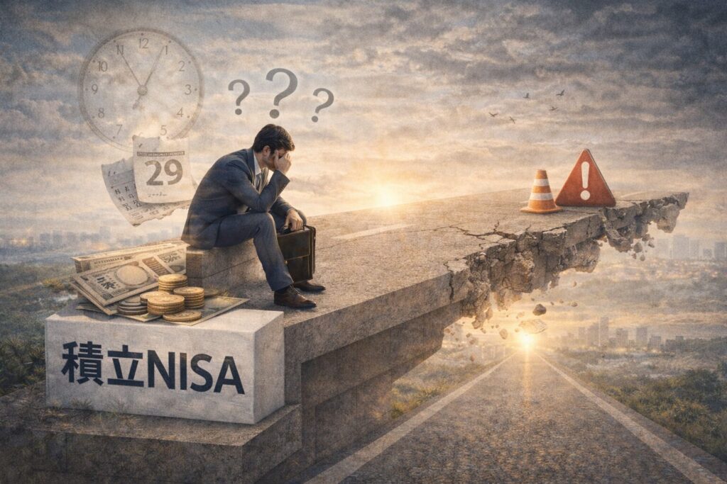 積立NISAを続ける途中で不安や迷いにより立ち止まってしまう人の心理を表したイメージ画像