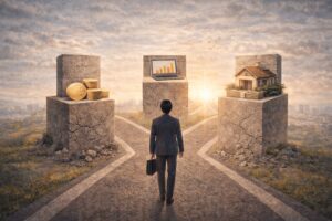 資産形成の次の段階に進むために複数の選択肢と条件を見極める場面を表したイメージ画像