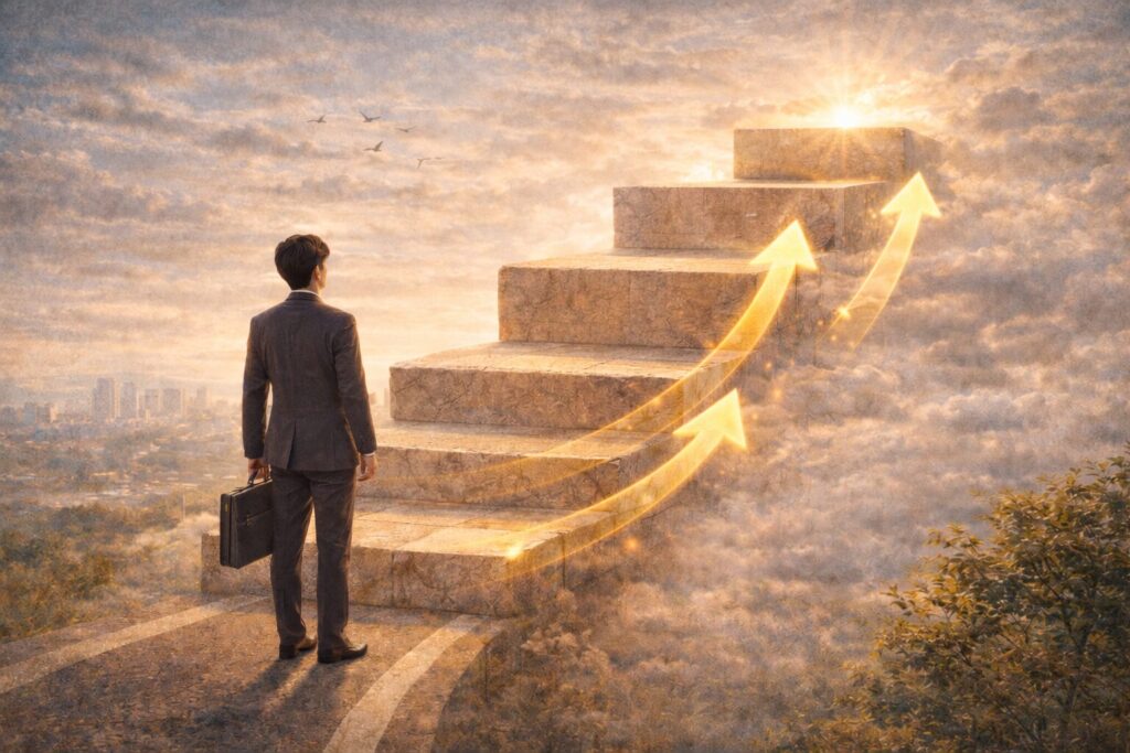 資産形成において順番を意識しながら次の段階へ進んでいく様子を象徴的に表したイメージ画像