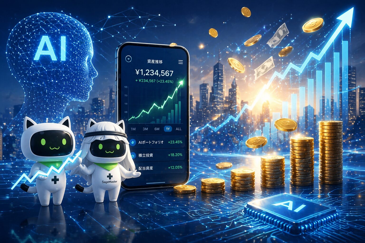 SageMaster（セージマスター）のマスコットキャラクター2体が、近未来の都市背景とAIグラフの前に立ち、スマホ画面には資産成長チャートが表示されている。周囲には積み上がるコインや上昇矢印が描かれ、少額投資からAIで資産形成する未来を象徴するヘッダー画像
