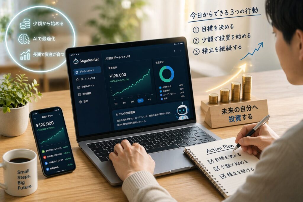 代替テキスト：

ノートパソコンで投資データを確認しながら資産形成の計画を進める人物の画像。少額投資でもAIや仕組みを活用し、今日から行動を始めることの重要性を表現している