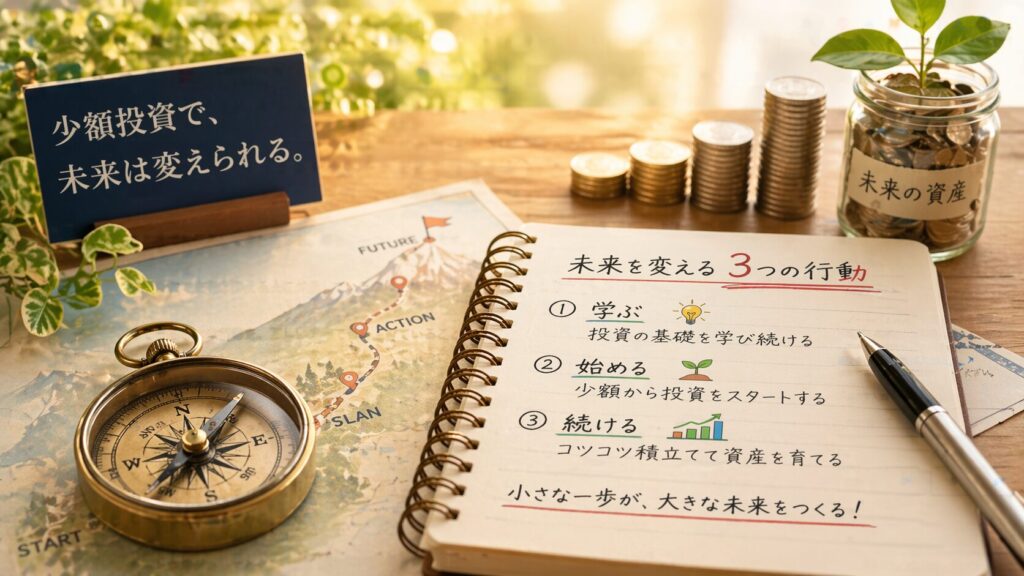 代替テキスト：

積み重ねたコインの上から植物が育つ成長イメージ画像。少額投資でも時間を味方にして継続することで、未来の資産が大きく育っていくことを表現している