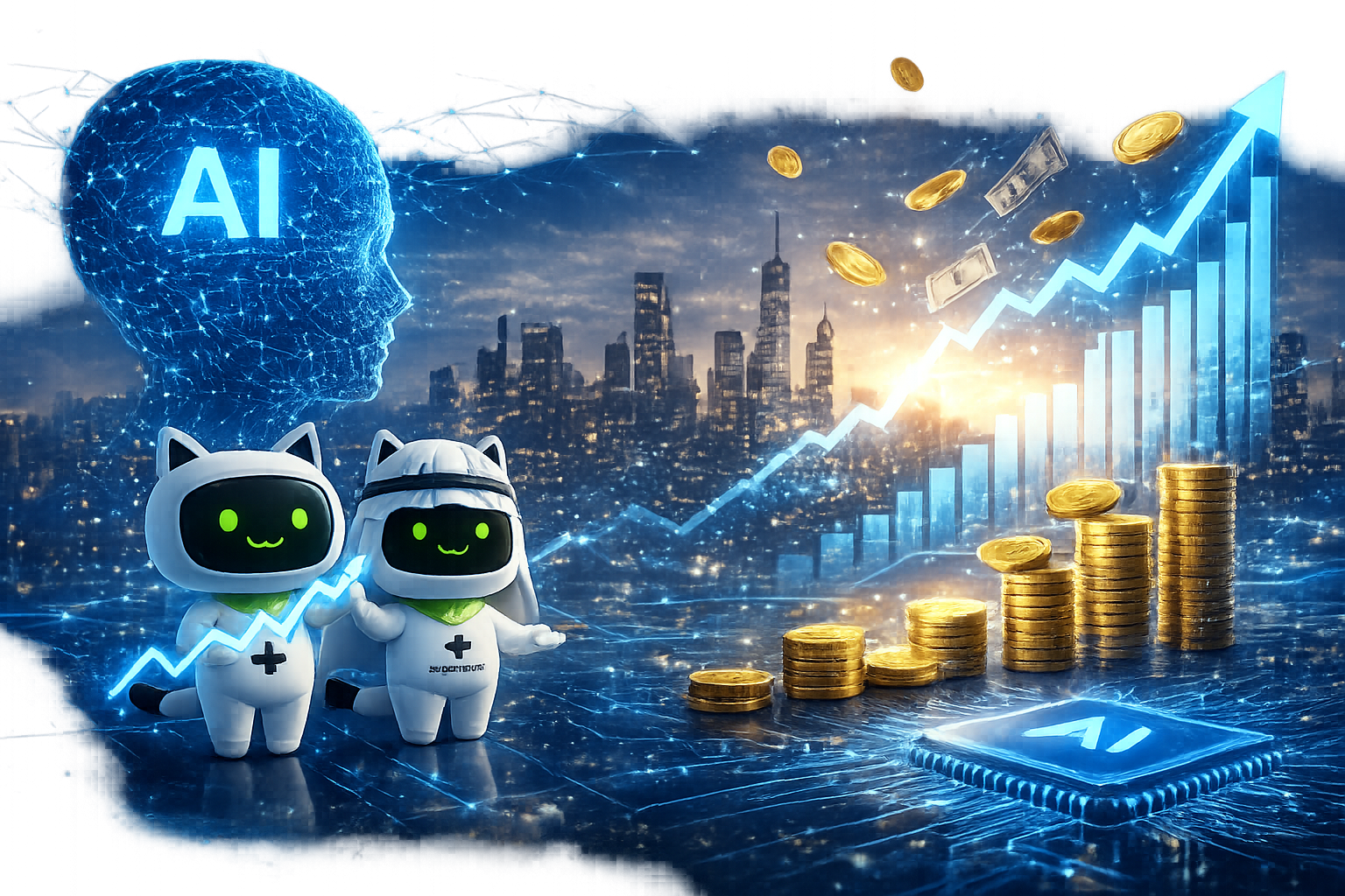 AI投資とSageMasterのマスコットが未来の資産形成を表現するイメージ画像