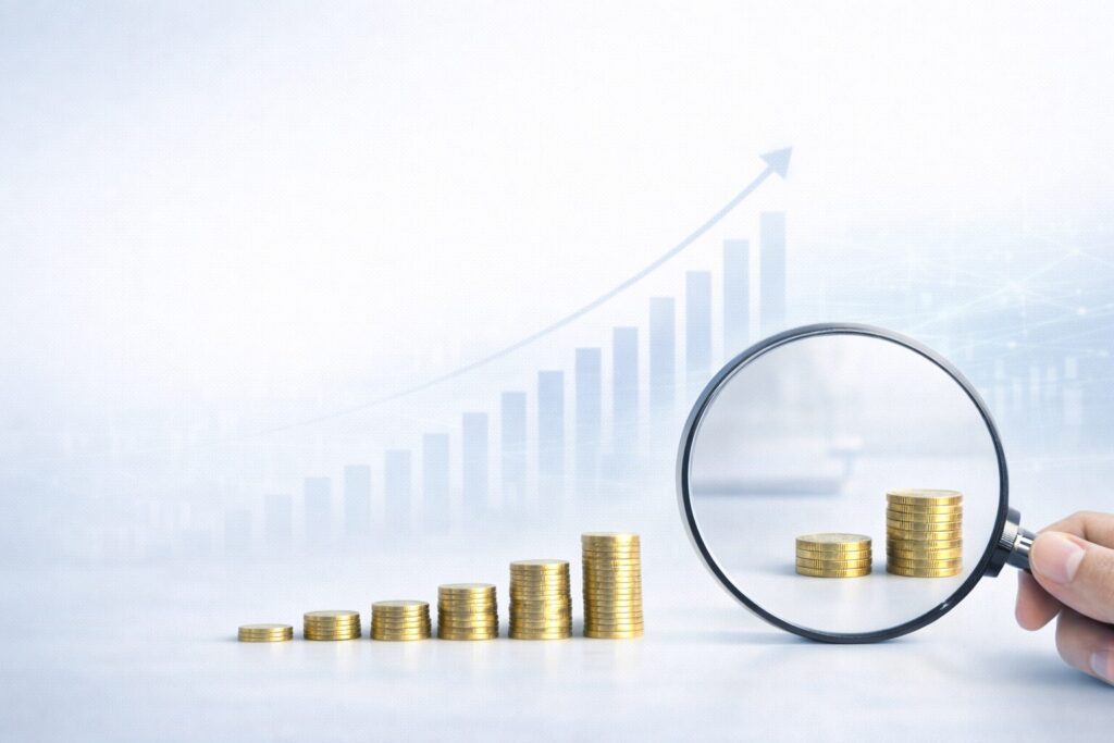 少額の積み上げにも将来の大きな成長につながる価値があることを表したコインと虫眼鏡のイメージ