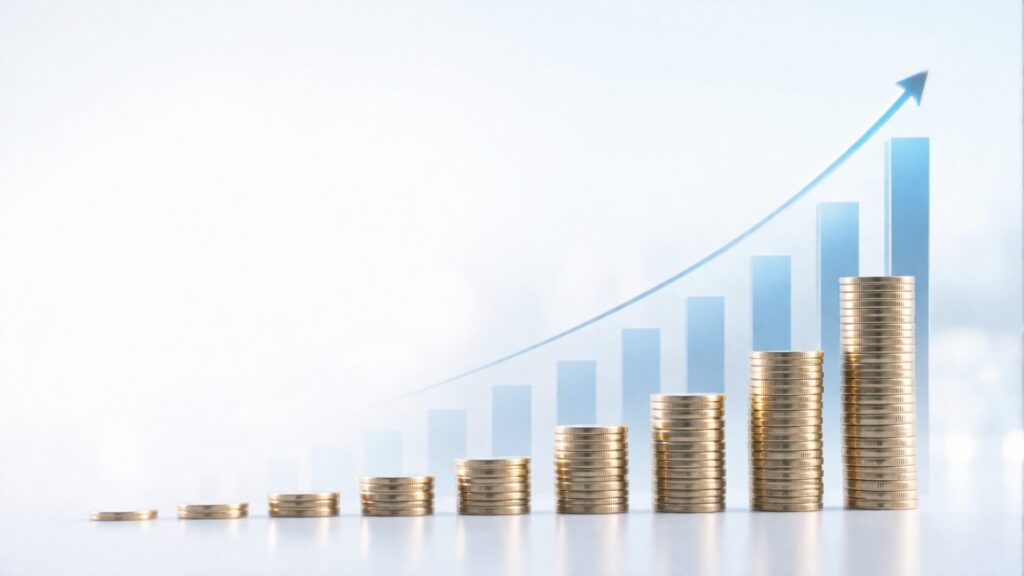 少額の積み上げが時間とともに大きな差になっていくことを表したコインと成長グラフのイメージ