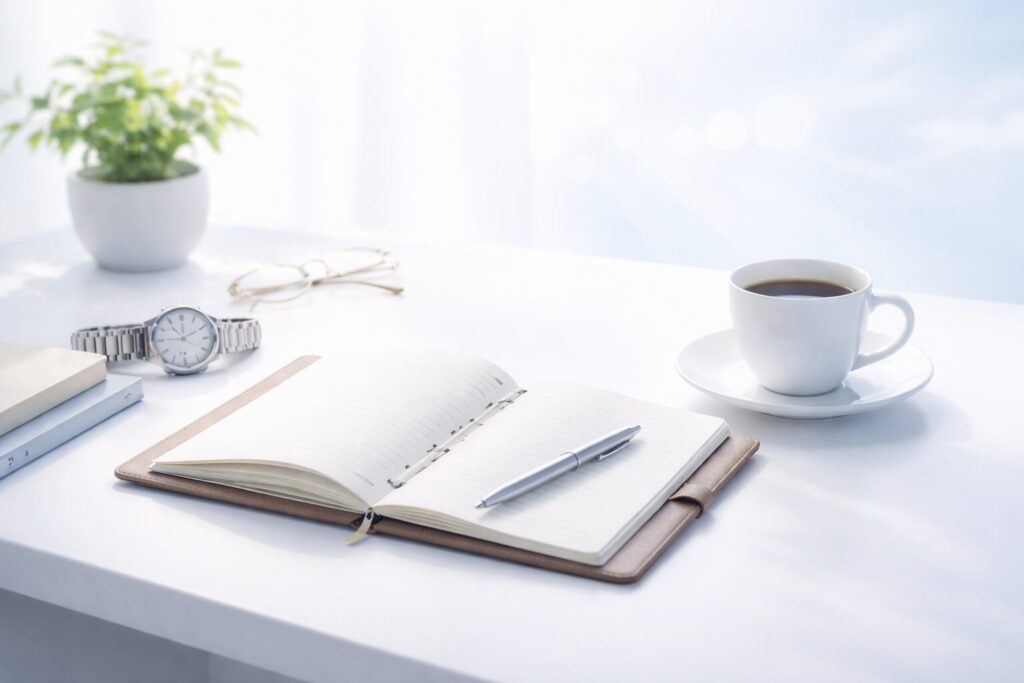 少額の積み上げを5年続けることで人生に余白や選択肢が生まれ始めることを表したデスクのイメージ