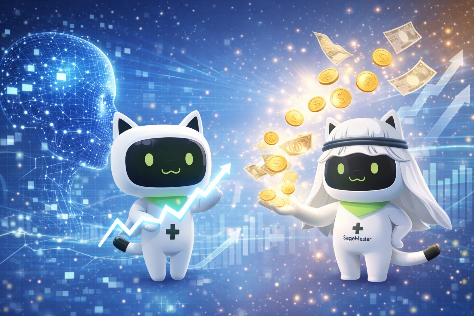 セージマスターの猫型AIキャラクターが、未来的な金融空間の中で右肩上がりの成長と資産形成のイメージを表現しているアイキャッチ画像