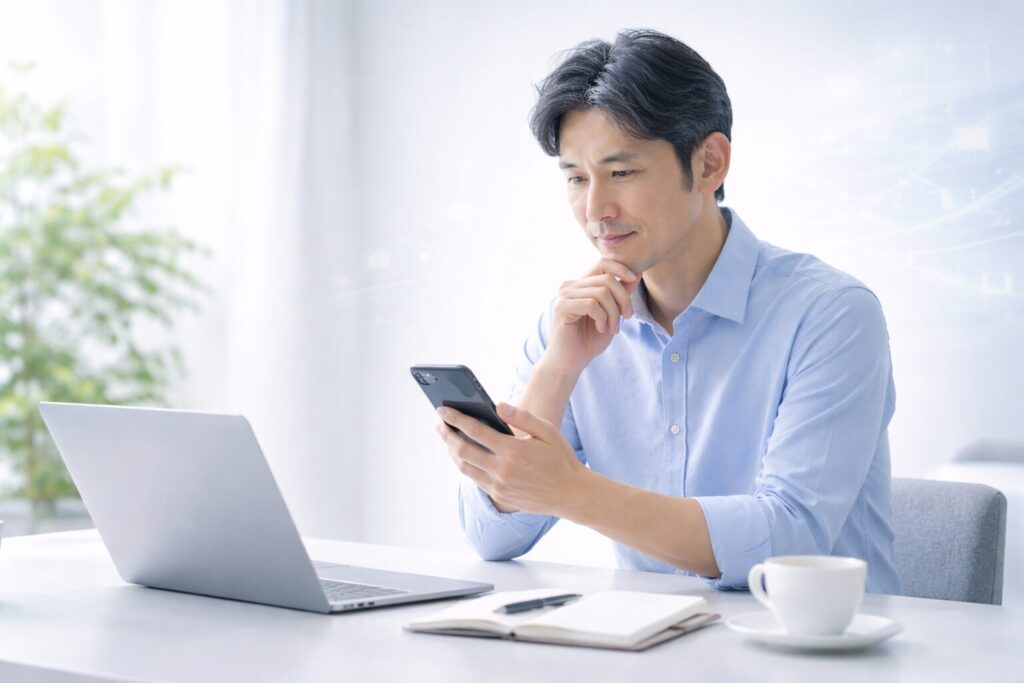白と淡いブルーの背景、40代〜50代の日本人男性が静かにスマートフォンやノートPCを見ながら落ち着いて考えている構図、忙しい日常の中でも未来のために判断しているイメージ、背景にごく薄く金融やAIを感じる要素、感情ではなく冷静に向き合う人を表現、清潔感、知的、信頼感、シンプル、上品、余白多め、文字なし、広告っぽくない、怪しくない
Japanese man in his 40s to 50s calmly looking at smartphone or laptop, thoughtful but not anxious, concept of a busy person making calm decisions for the future, subtle finance or AI feeling in background, white and soft blue background, clean, elegant, intelligent, trustworthy, minimal, lots of white space, no text, realistic, blog header image, easy to compress, no excessive details, no complex textures, 16:9 horizontal