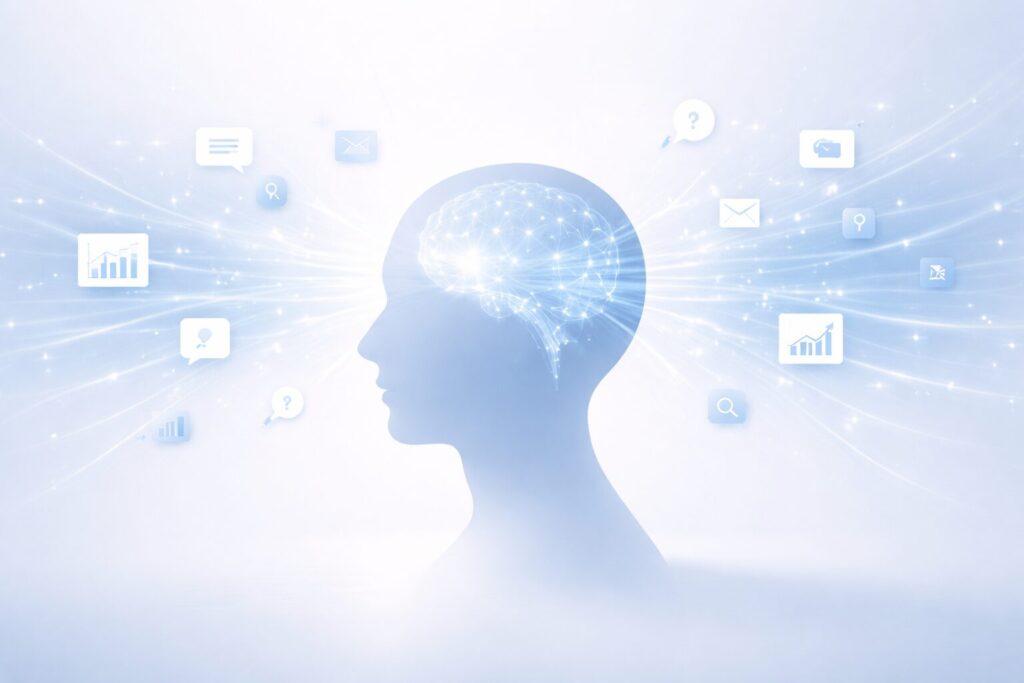 人間の感情や迷いをAIが補助し、判断を整えることの重要性を表したイメージ