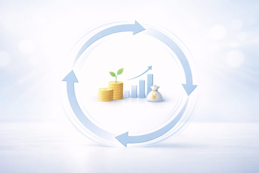 少額の積み上げを2年続けることで資産形成の仕組みが自然に回り始めることを表した循環イメージ