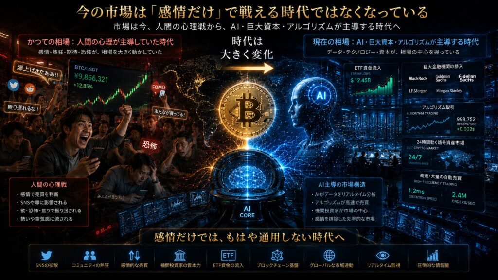 昔の「人間同士の心理戦」が中心だった暗号資産市場と、現在のAI・巨大資本・アルゴリズム主導の市場を対比した未来的金融ビジュアル。左側にはSNSや熱狂に影響されながら感情で売買する個人投資家たちが描かれ、急騰チャートやFOMO、不安や興奮によって相場が動いていた時代を表現。右側には巨大AIシステム、ETF資金流入、アルゴリズム取引、巨大金融機関、24時間稼働する暗号資産市場が配置され、感情ではなくデータ・AI・高速取引が市場を支配している様子を描いている。中央にはビットコインとAIコアが配置され、「感情だけでは戦えない市場」へ変化していることを、青・ブラック・ゴールド基調の高級感ある16:9シネマティックデザインで表現したイメージ。