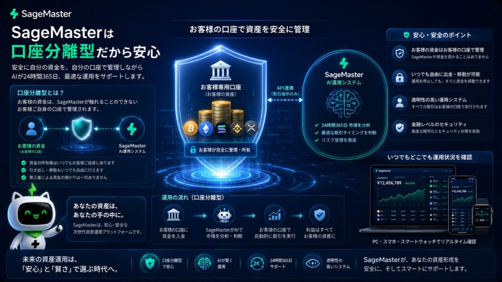 SageMaster（セージマスター）の口座分離型システムを視覚的に表現した未来的金融プラットフォーム。ユーザー自身の口座で資産を安全に管理しながら、AIが24時間365日市場分析と運用サポートを行う様子を、高級感ある青系UIとセキュリティシールド、暗号資産アイコン、SageMasterマスコットキャラクターで描いた16:9ビジュアル。