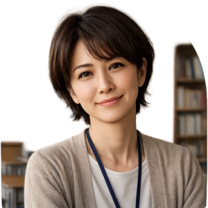 40代中堅中学校教師の女性を写実的に表現した顔アイコン画像。落ち着いた雰囲気と優しさを持つ日本人女性教員が、ベージュ系のカーディガン姿で教室背景の中に立っている。柔らかな笑顔と知的な表情が特徴で、生徒や保護者から信頼される中堅教師像を象徴している。