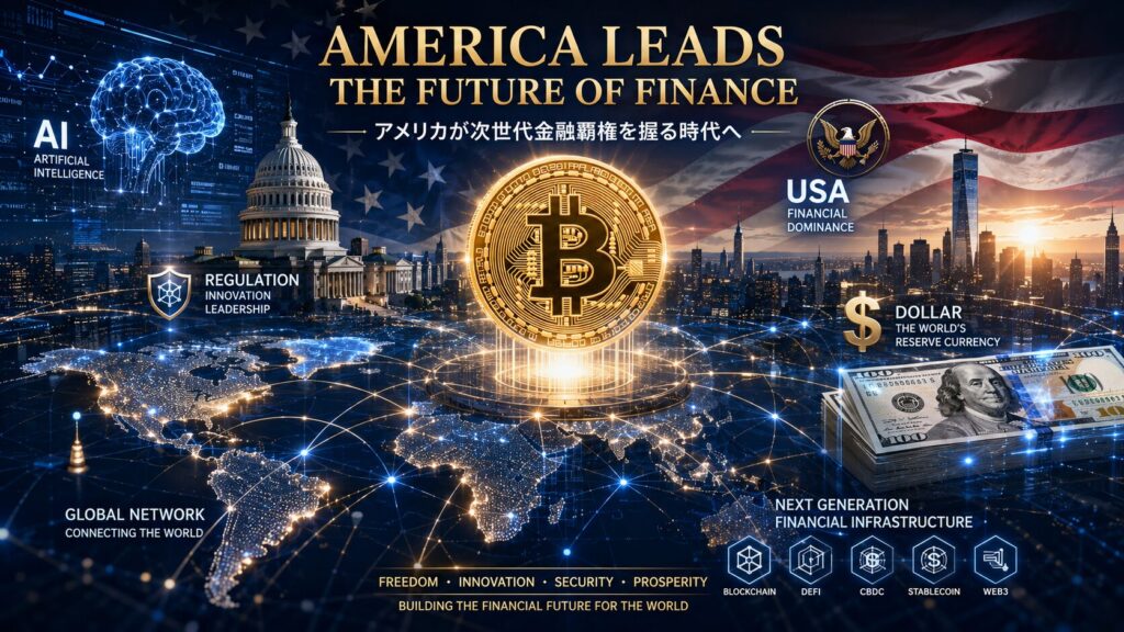 アメリカが次世代金融覇権を握ろうとしている未来的な金融ビジュアル。アメリカ国旗、ビットコイン、AI、ドル紙幣、世界地図、金融ネットワークが描かれ、巨大なデジタル金融インフラが世界をつなぐ様子を圧倒的スケール感と高級感で表現した16:9イメージ。