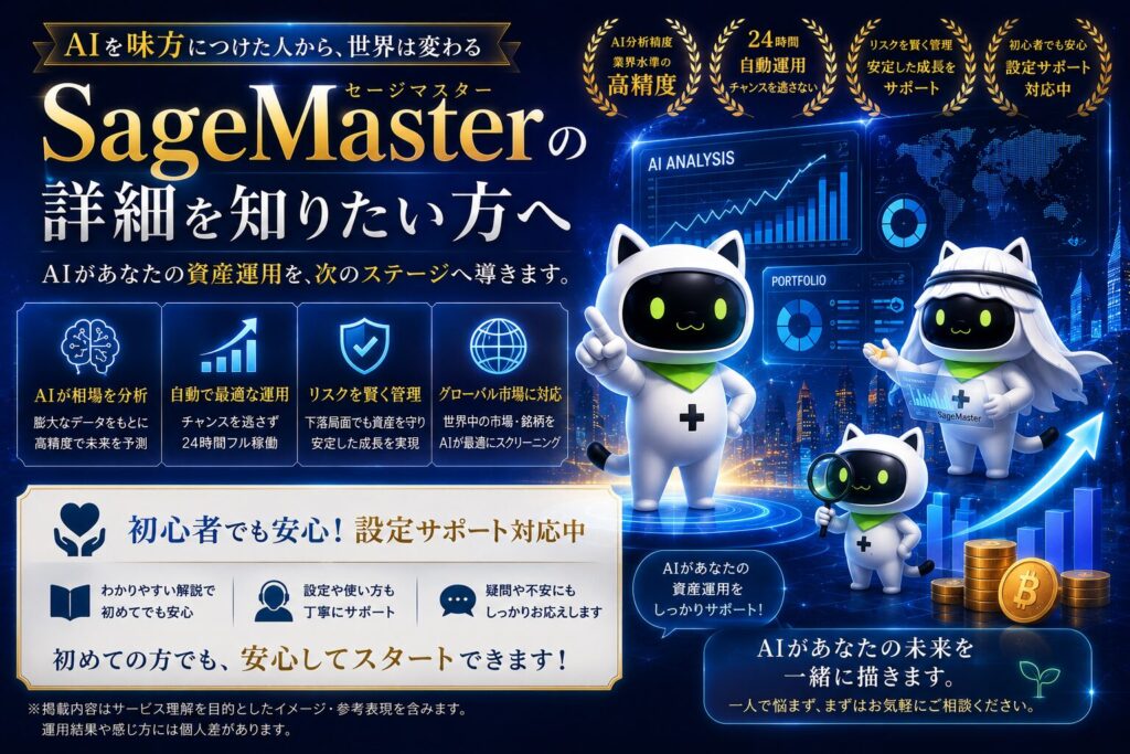AIを活用した次世代の資産運用サービスをテーマに、SageMaster(セージマスター)のマスコットキャラクターたちが市場分析やAIサポートを行いながら、初心者向け設定サポートやAI運用の魅力を未来的に表現したイメージ画像。