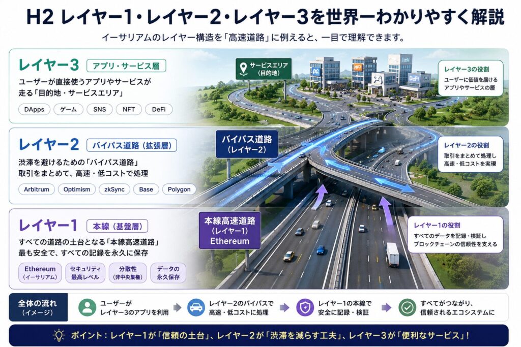 高速道路の本線とバイパス道路を使いながらレイヤー構造を視覚的に表現したイメージ