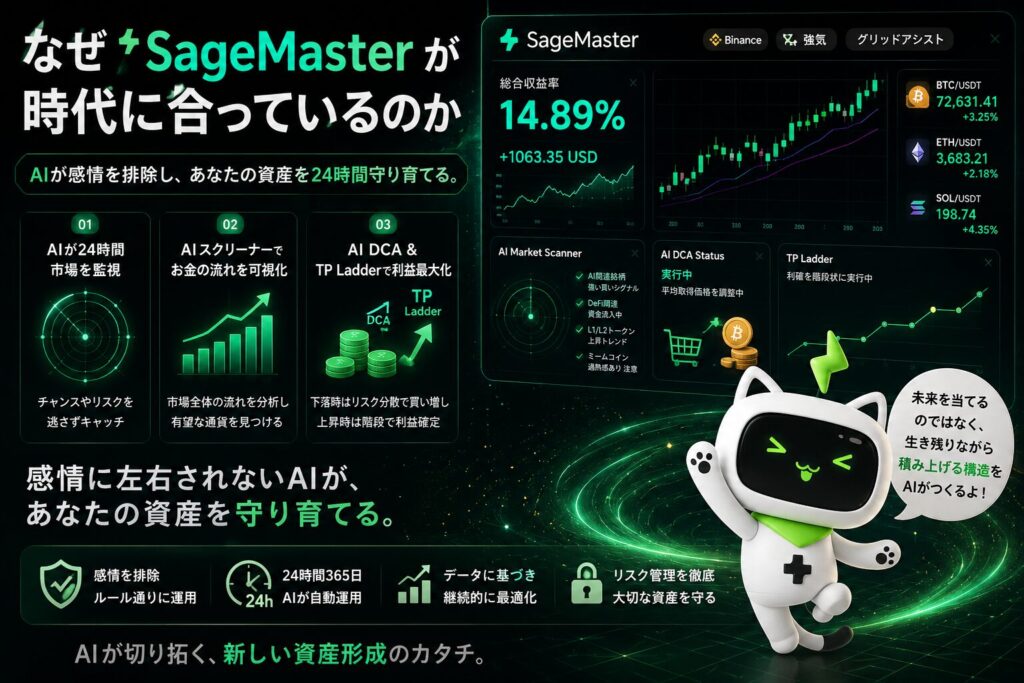AIが24時間市場を監視しながら、SageMaster セージマスターのマスコットキャラクターと共に、AIスクリーナー・AI DCA・TP Ladderなどの機能で感情に左右されない資産運用を行う未来型AIトレード環境を表現した画像